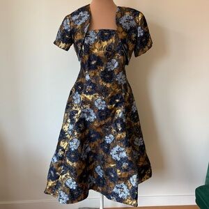 Lucian Matis Floral Navy Blue Gold Brocade Strapless Bolero Tea-Length Dress 12